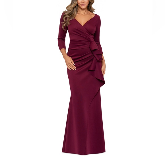 Xscape Dresses & Skirts - Xscape Wine Asymmetrical Ruched Gown for Wedding Guest